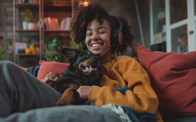 A person sitting on a couch with their dog, both wearing headphones, with a happy and relaxed expression.
