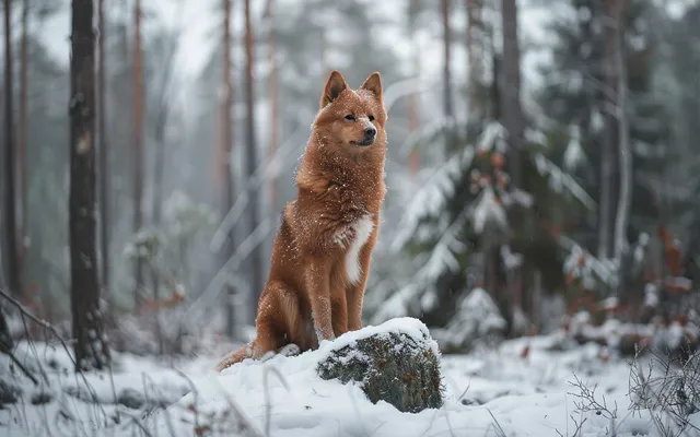 A photo of a Finnish Spitz in a natural setting, perhaps surrounded by snow