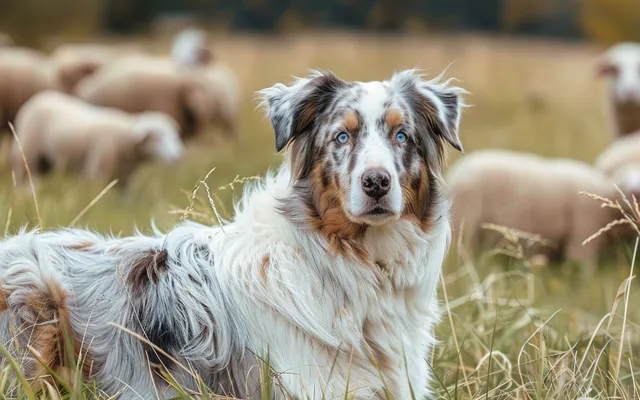 A photo of a classic Australian Shepherd with a merle coat, herding sheep on a ranch