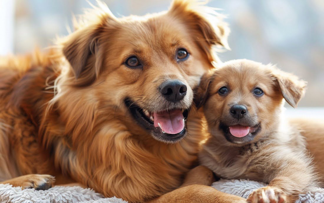 A photo of a healthy, happy adult dog with a playful puppy by its side