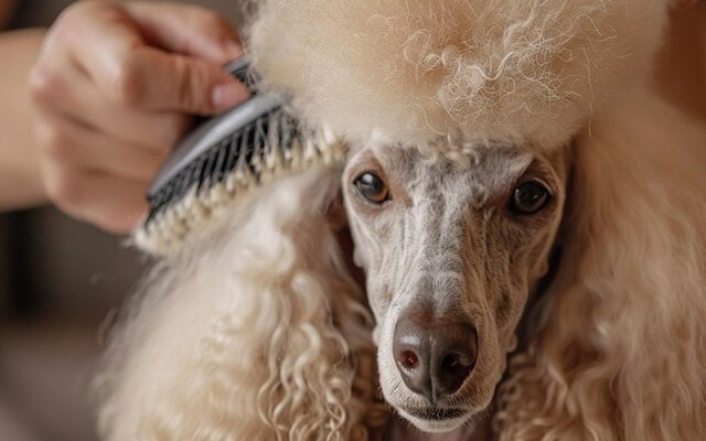 A photo of a poodle being brushed by its owner, with a close-up of the brush showing the loose hair