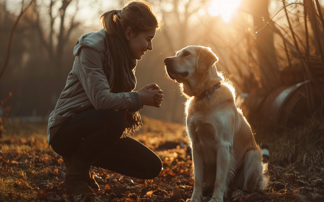 A photo of a smiling person kneeling beside a dog, their eyes meeting in a shared moment of understanding