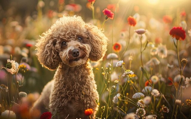 A photorealistic image of a poodle with a curly coat standing proudly in a field of flowers
