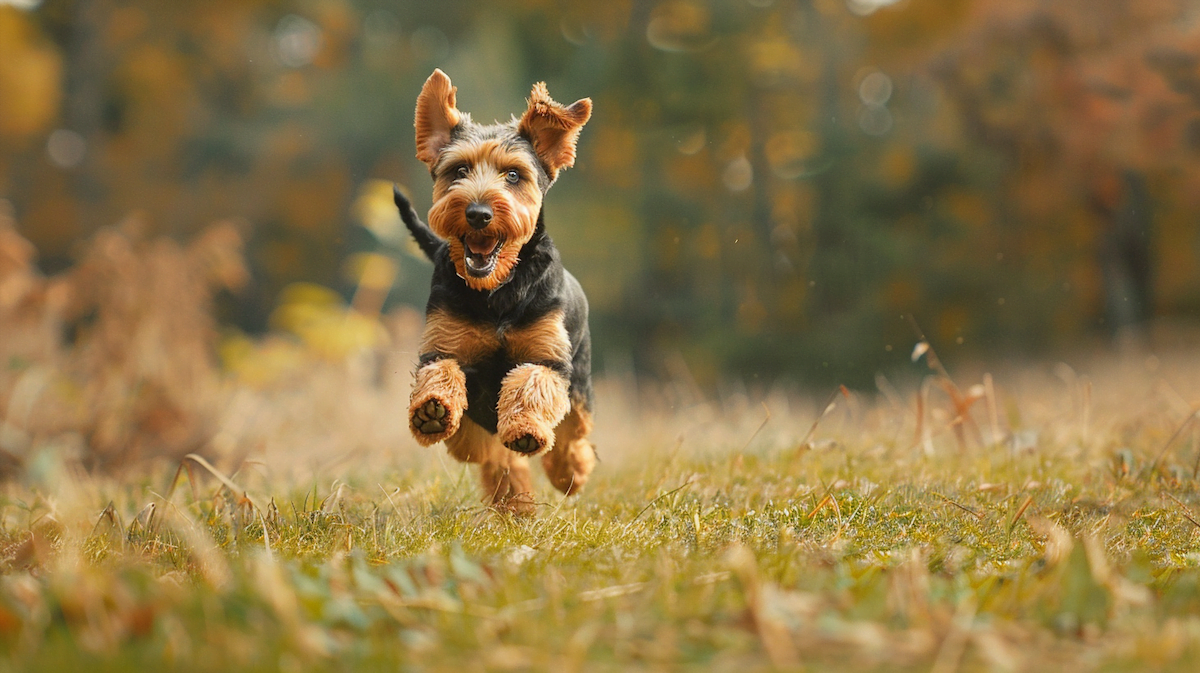 A playful Airedale Terrier running through a field