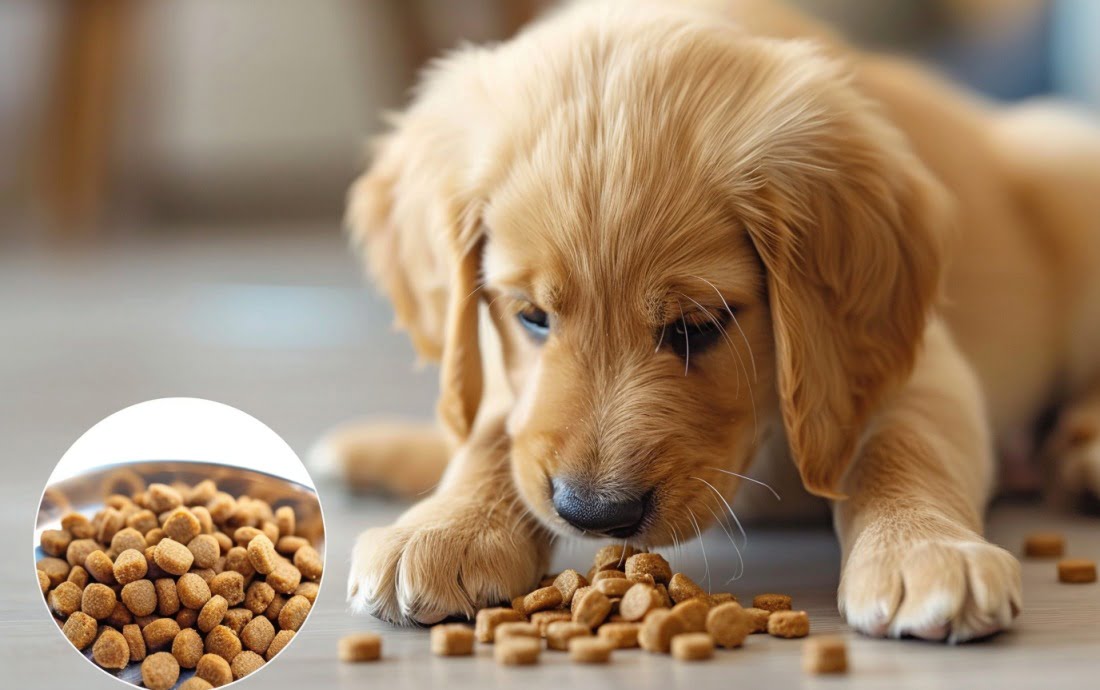 A playful puppy chomping on a bowl of kibble, with a close-up inset of a dog food bag's expiration date