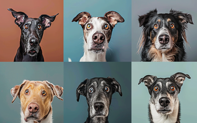 A series of photos showing different dogs displaying whale eyes in various situations