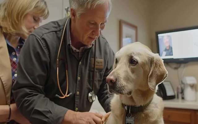 A veterinarian is examining a dog while the concerned owner is observing