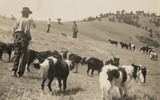 A vintage photo of Australian Shepherds working on a ranch alongside cowboys in the early 20th century