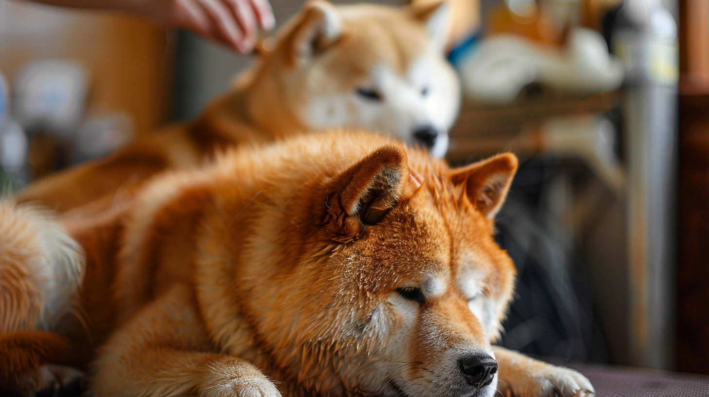 Akita and Shiba Inu during grooming sessions