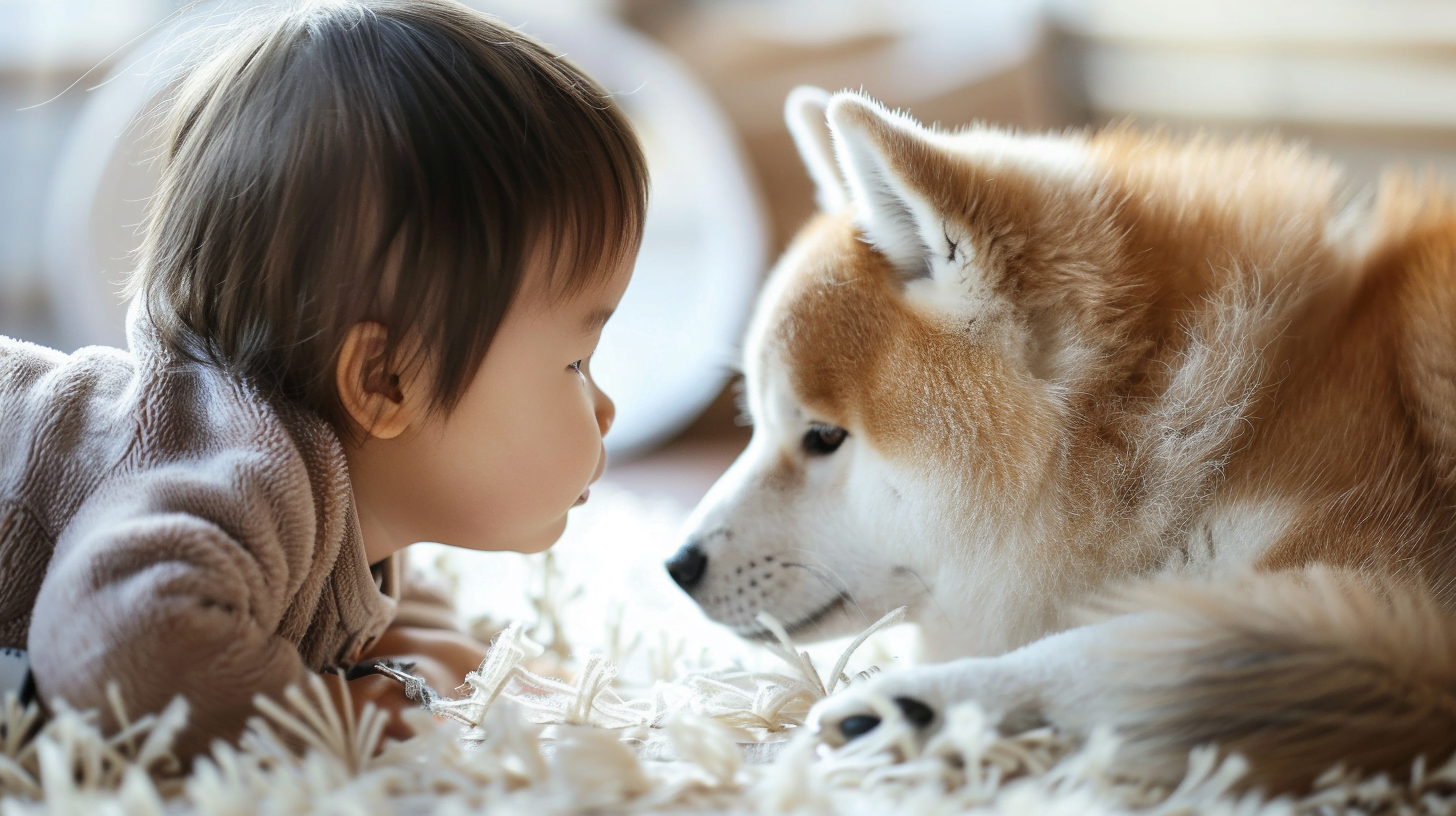Akita and Shiba Inu interacting with children and other pets