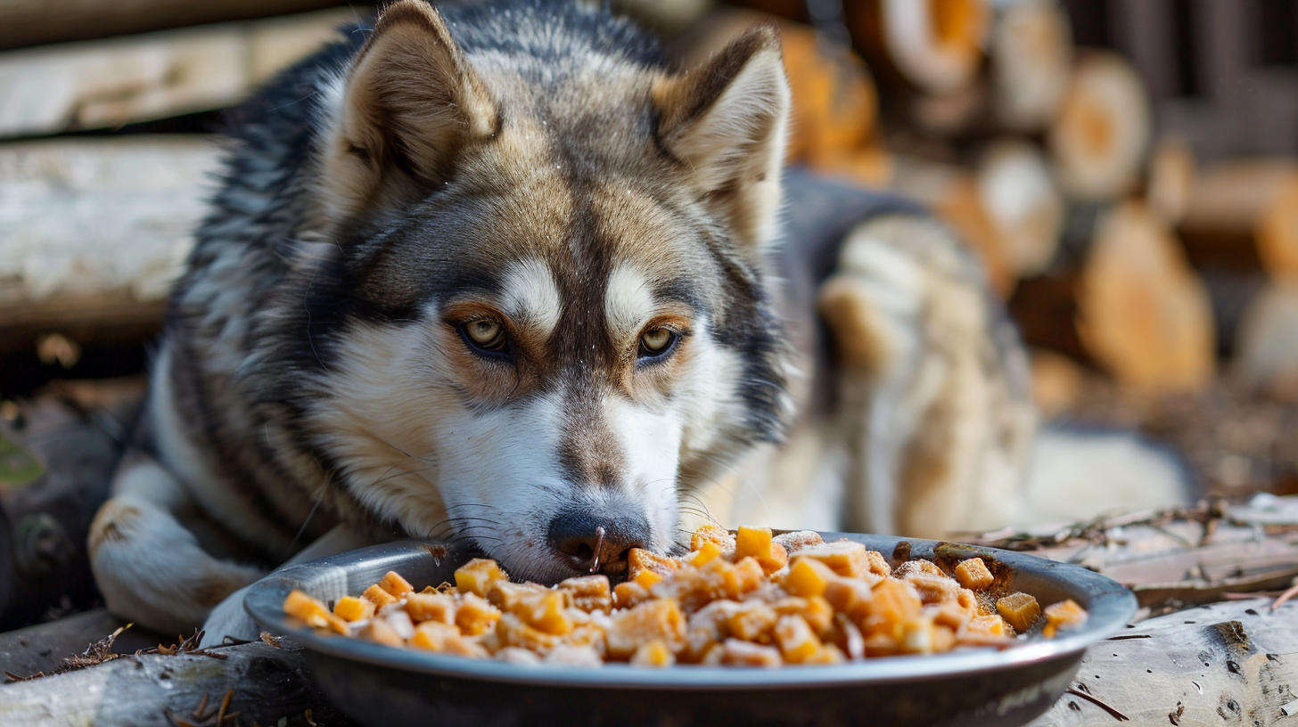 Alaskan Husky dog enjoying a meal