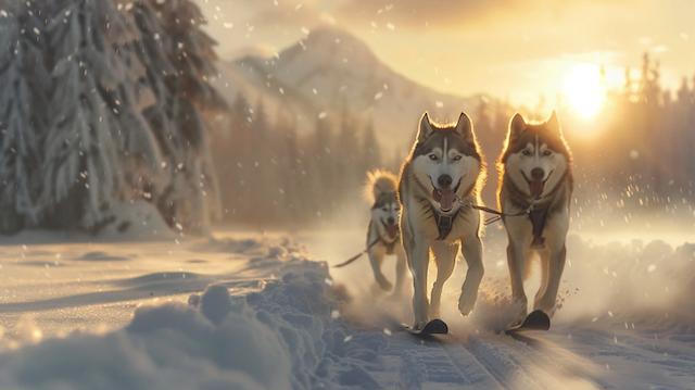 An Alaskan Husky pulling a skijorer through a snowy landscape