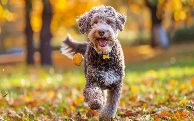 An Aussiedoodle playing fetch in a park