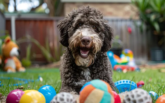 An Aussiedoodle playing with a variety of toys in a backyard