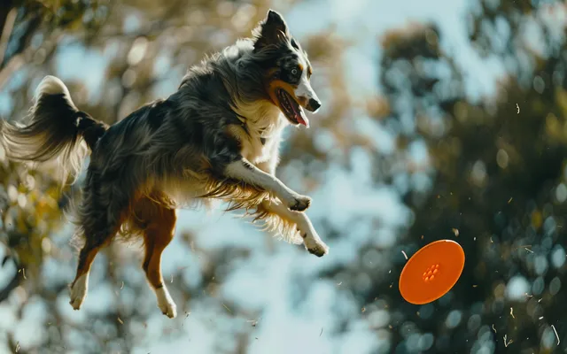 An Australian Shepherd leaping through the air to catch a frisbee