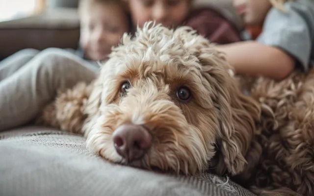 An adult Aussiedoodle snuggled on a couch with a family