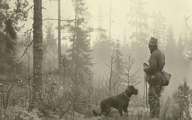 An old photo or illustration of a Finnish Spitz hunting with its owner in a forest