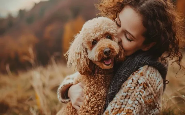 Apricot Poodle Cuddling with Owner