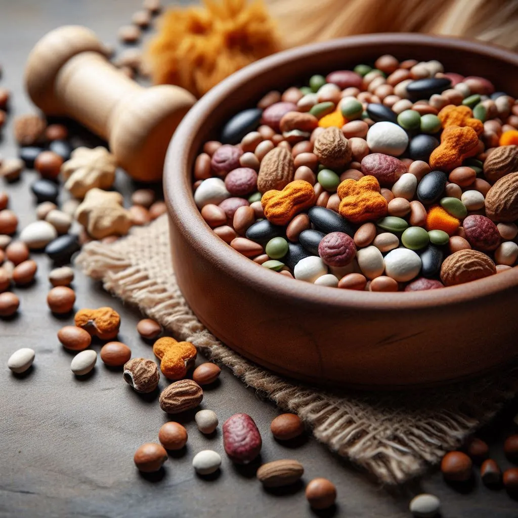 Dog food bowl with various beans scattered around