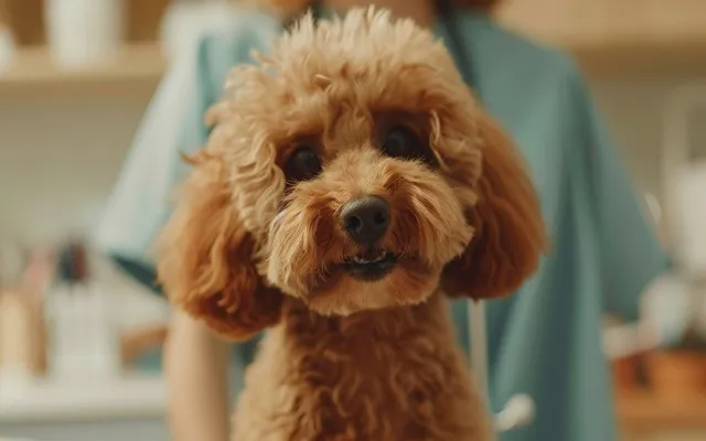 Healthy Apricot Poodle at the Vet's Office