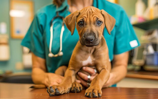 Illustration: A Rhodesian Ridgeback puppy playing with a veterinarian