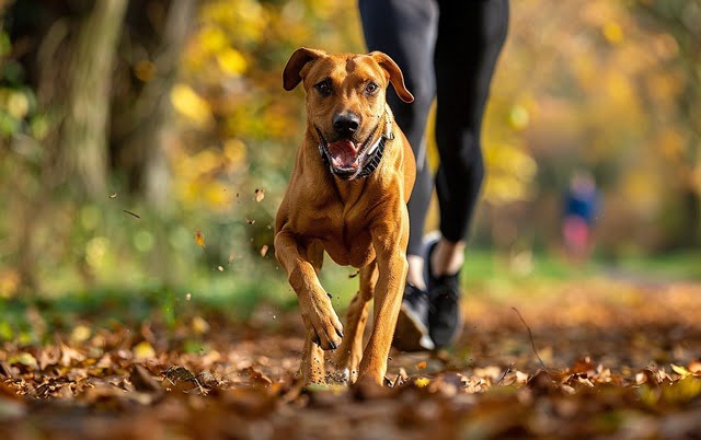 Illustration: A Rhodesian Ridgeback runs with a jogger in a park