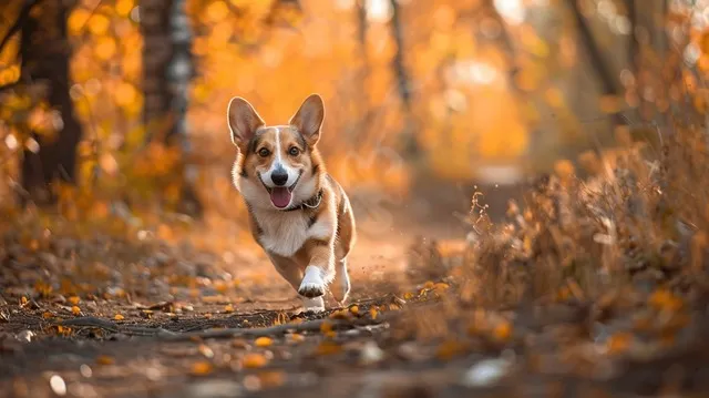 Illustration: A cardigan Welsh Corgi happily runs on a trail