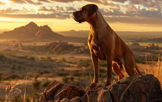 Illustration: A majestic Rhodesian Ridgeback stands on a cliff