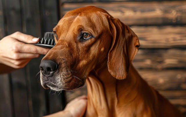 Illustration: A person gently brushes a Rhodesian Ridgeback