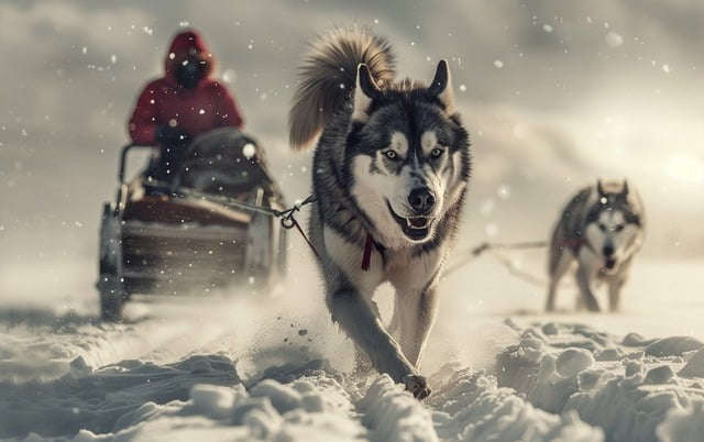 Illustration: A strong Alaskan Malamute is pulling a sled