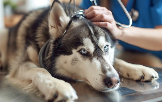 Illustration: Alaskan Malamute dog being examined for health