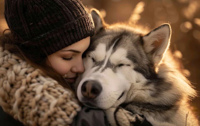 Illustration: Alaskan Malamute dog cuddling its owner