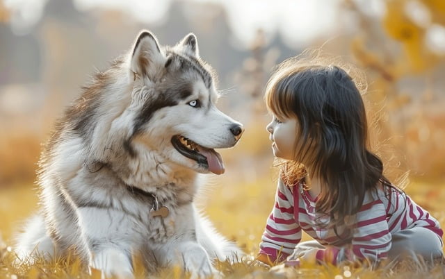 Illustration: Alaskan Malamute dog playing with a child