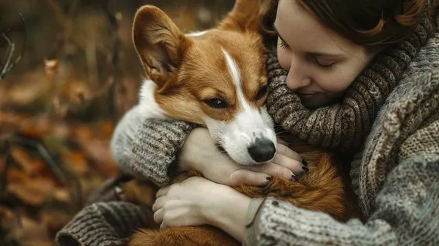 Illustration: Cardigan Welsh Corgi is cuddling its owner