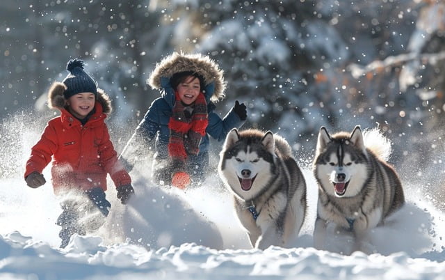 Illustration: Children playing in the snow with their furry friends