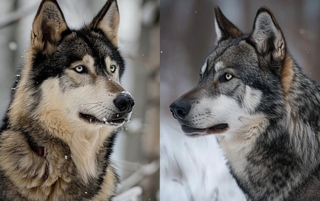 Illustration: Comparison between Alaskan Malamute and gray wolf