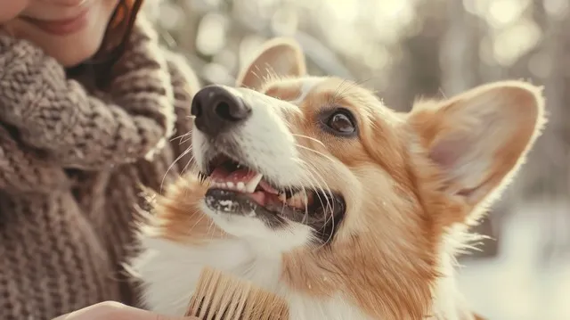 Illustration: a person grooming a Cardigan Welsh Corgi dog