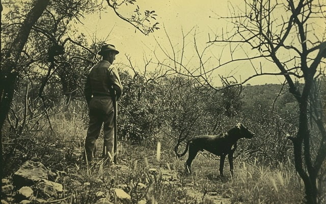 Illustration: vintage photo of Rhodesian Ridgeback hunting