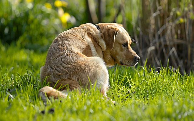 Image of a dog defecating on the grass