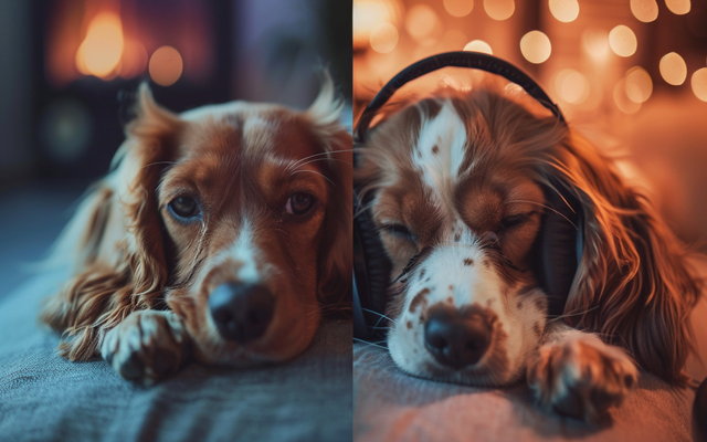 One side showing a dog relaxed and content with soft music playing, the other side showing a dog anxious and stressed with loud, chaotic music.