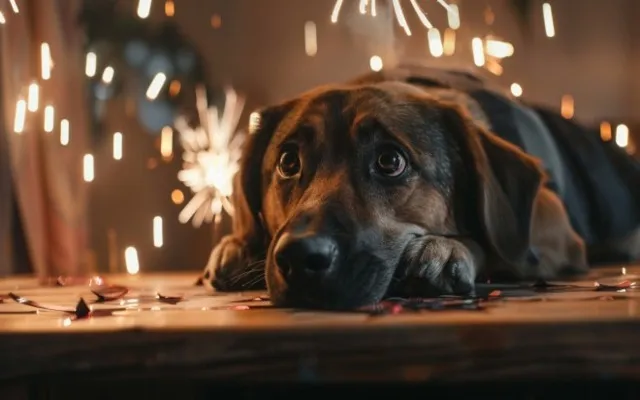 The dog crouches under the table during the fireworks display