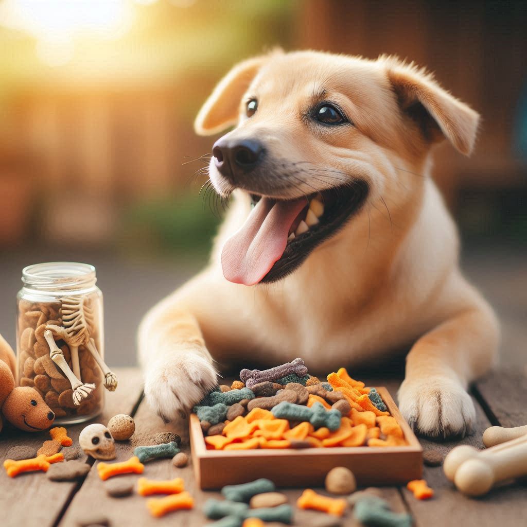 The dog is enjoying a meal of dry food