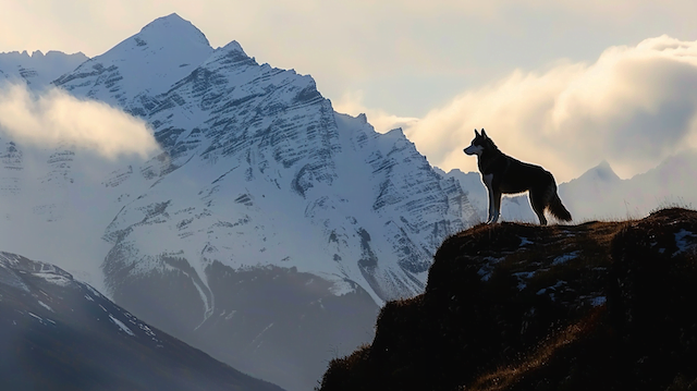 The majestic Alaskan Husky silhouetted against the breathtaking mountain landscape