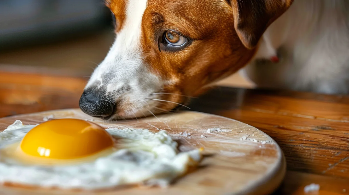 a dog eagerly eyeing a scrambled egg
