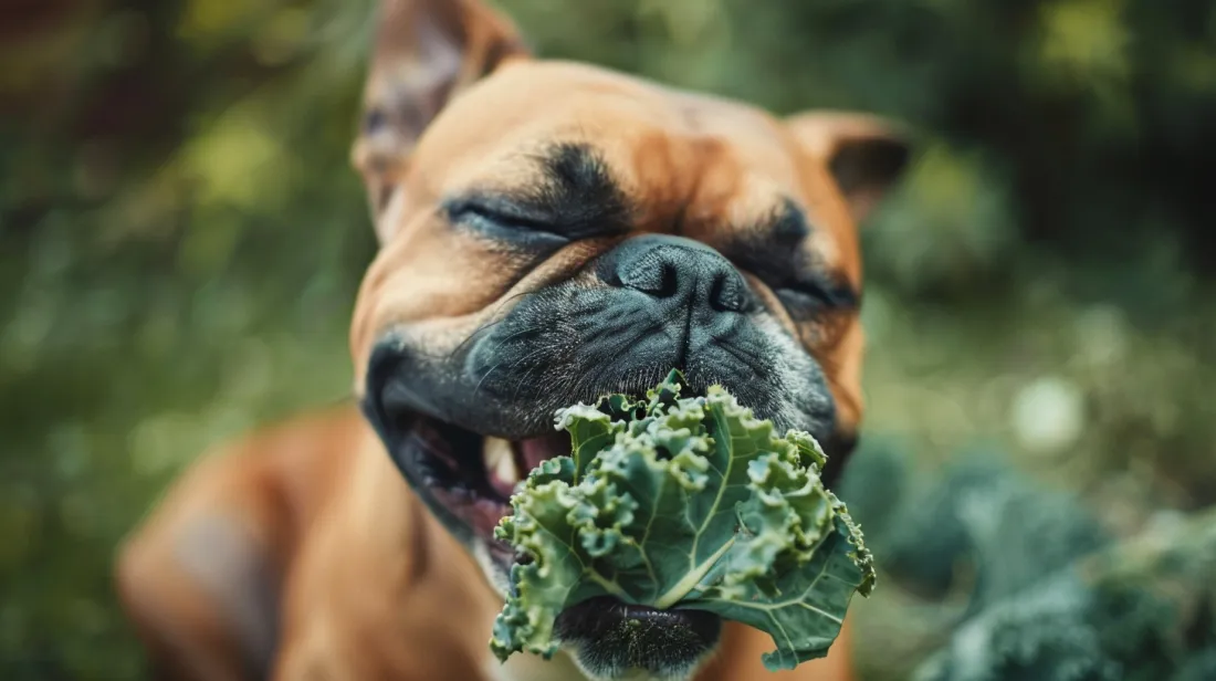 a dog happily munching on a kale leaf