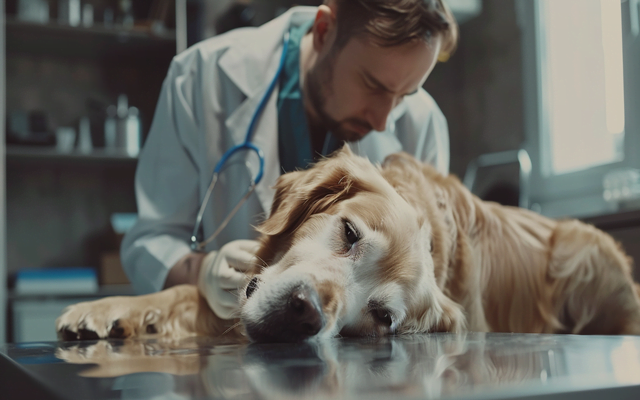 a friendly veterinarian examining a dog