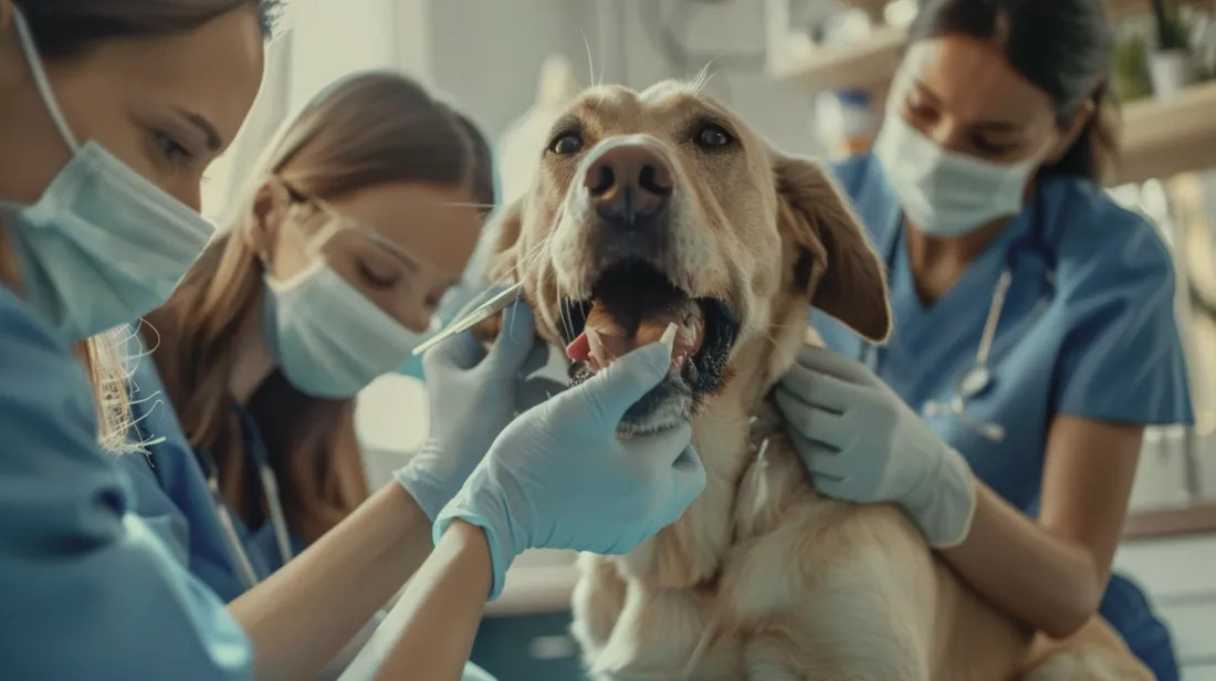 a veterinarian examining a dog, perhaps drawing blood or checking its gums