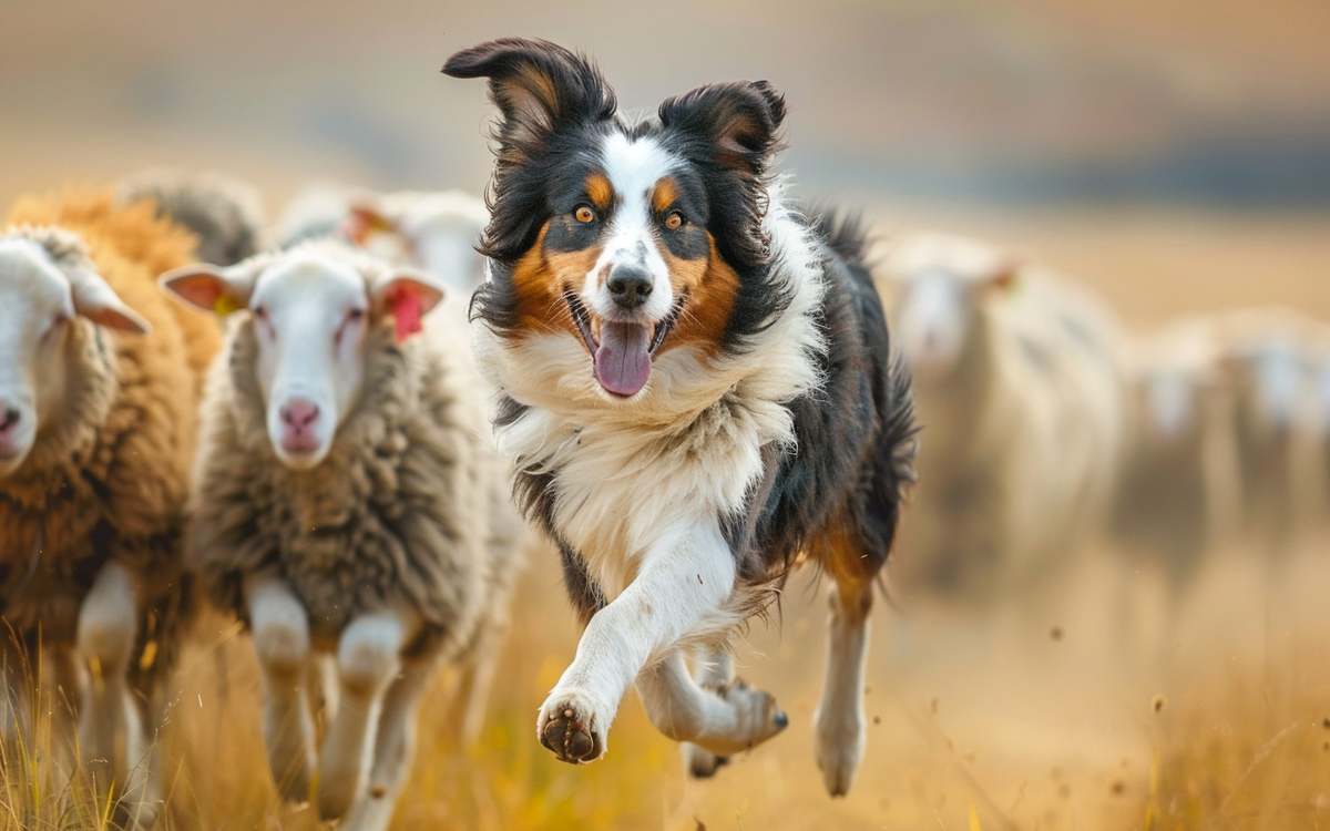 Australian shepherd chasing sheep