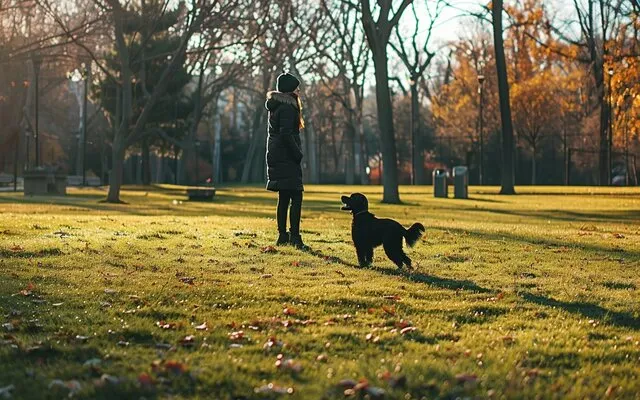 dog and a person playfully interacting on a spacious lawn