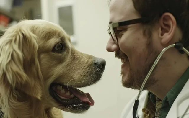 dog and a veterinarian smiling at each other